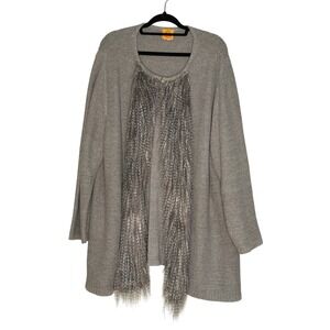 Ruby Rd. Woman XXL Gray Metallic‎ Knit Cardigan Faux Feather Trim Comfy Holiday